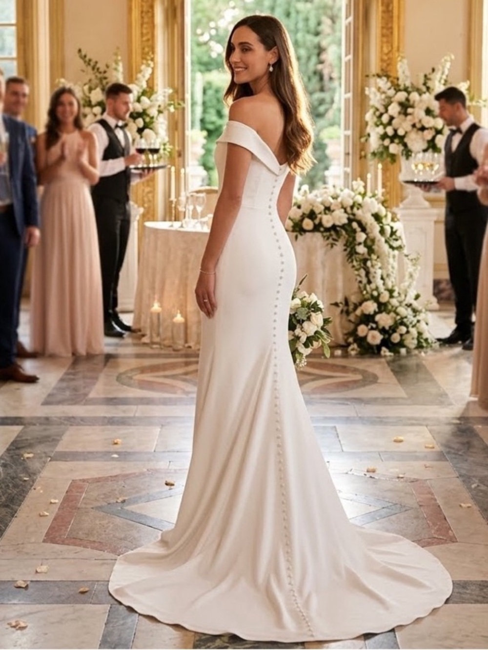 New Lulus Arienne Off-Shoulder Bridal Gown with Button-Back Detail Sz Medium